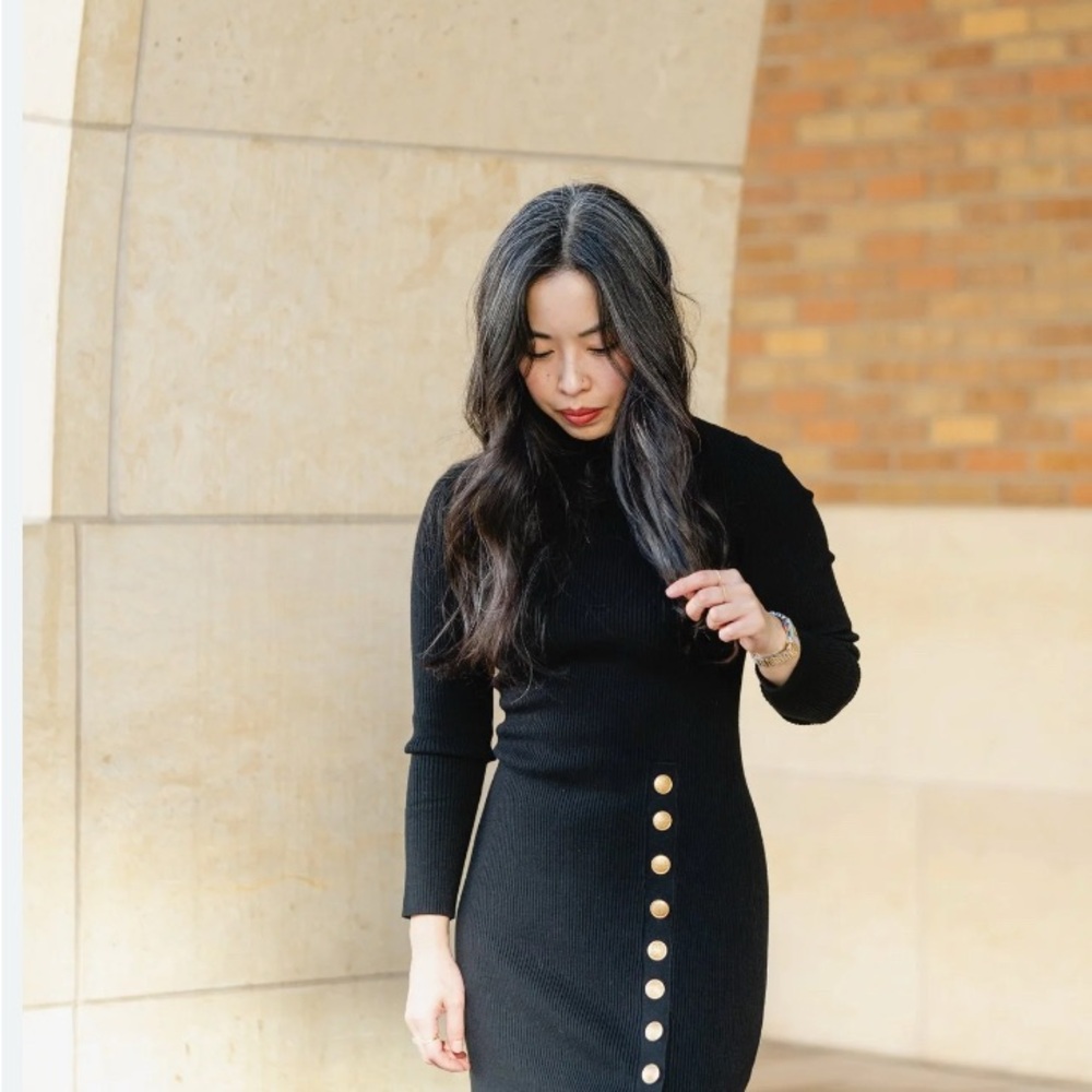 Sezane Black Sweater Dress with Gold Buttons